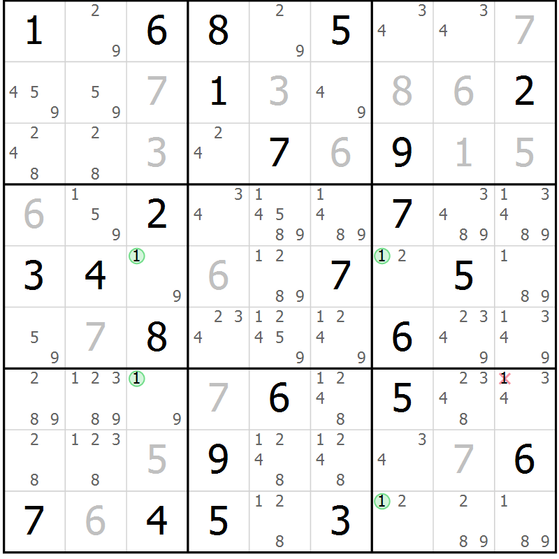 Position des candidats pour la solution de la Gr 58 page 61 du magazine de sudoku Sudoku Suprême n° 039
