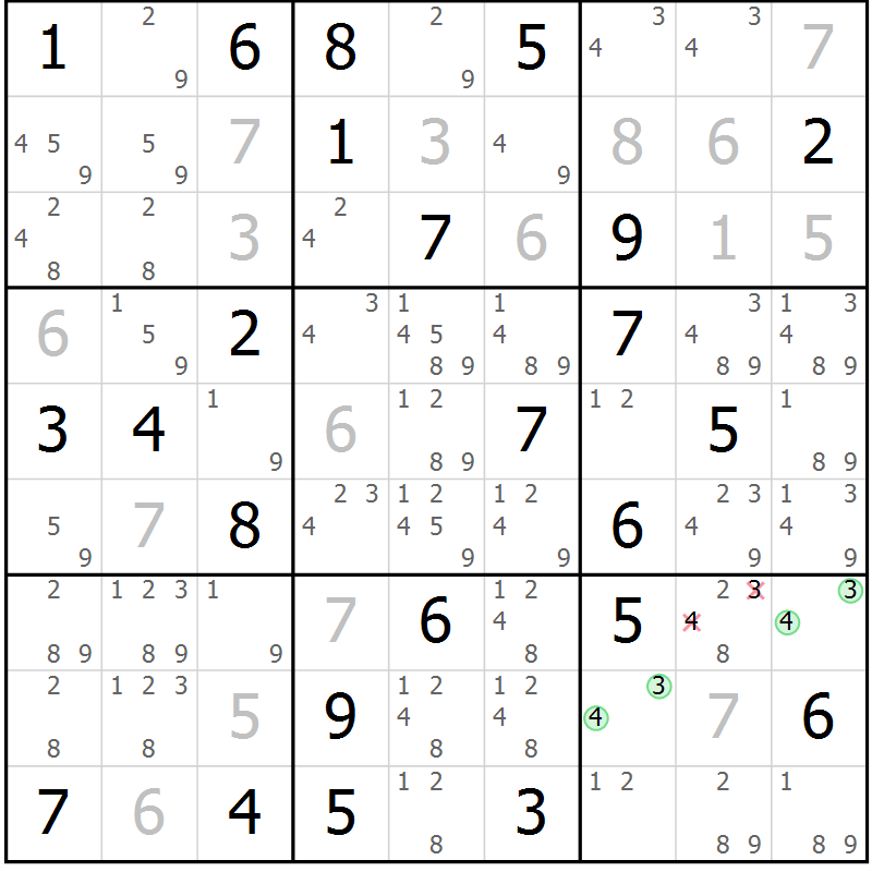 Position des candidats pour la solution de la Gr 58 page 61 du magazine de sudoku Sudoku Suprême n° 039