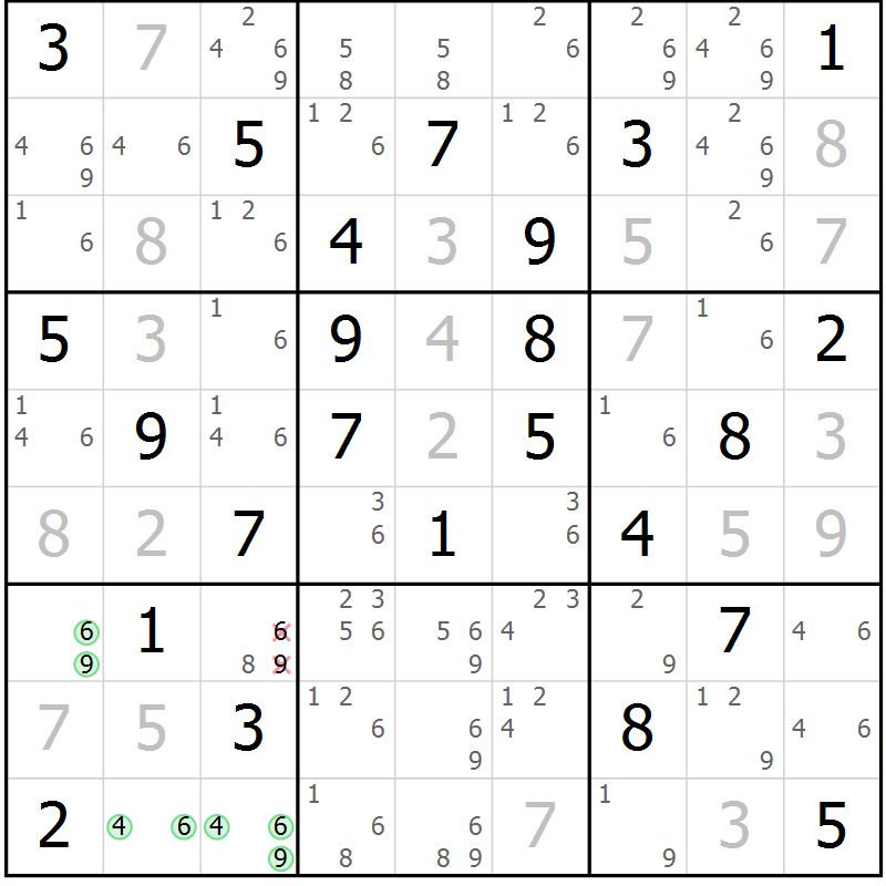 Position des candidats pour la solution de la Gr 59 page 62 du magazine de sudoku Sudoku Suprême n° 039