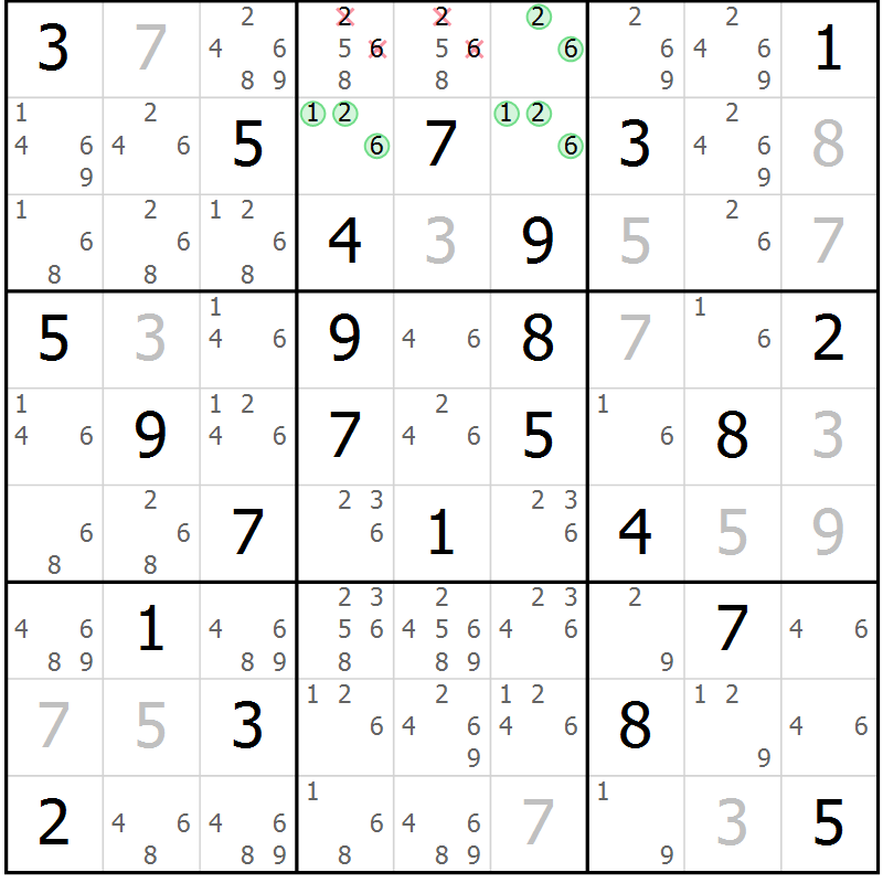 Position des candidats pour la solution de la Gr 59 page 62 du magazine de sudoku Sudoku Suprême n° 039