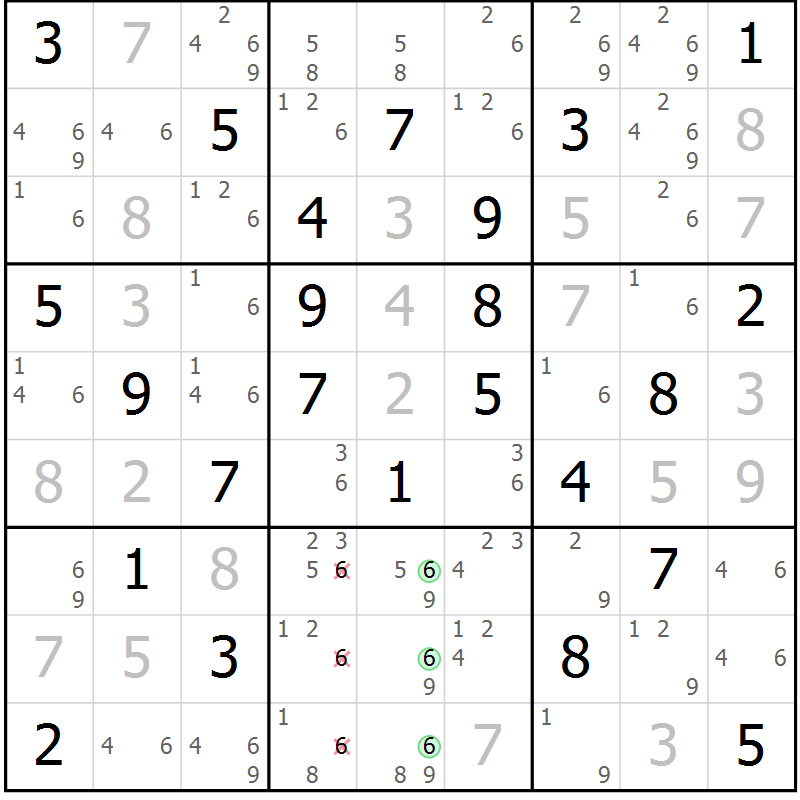 Position des candidats pour la solution de la Gr 59 page 62 du magazine de sudoku Sudoku Suprême n° 039