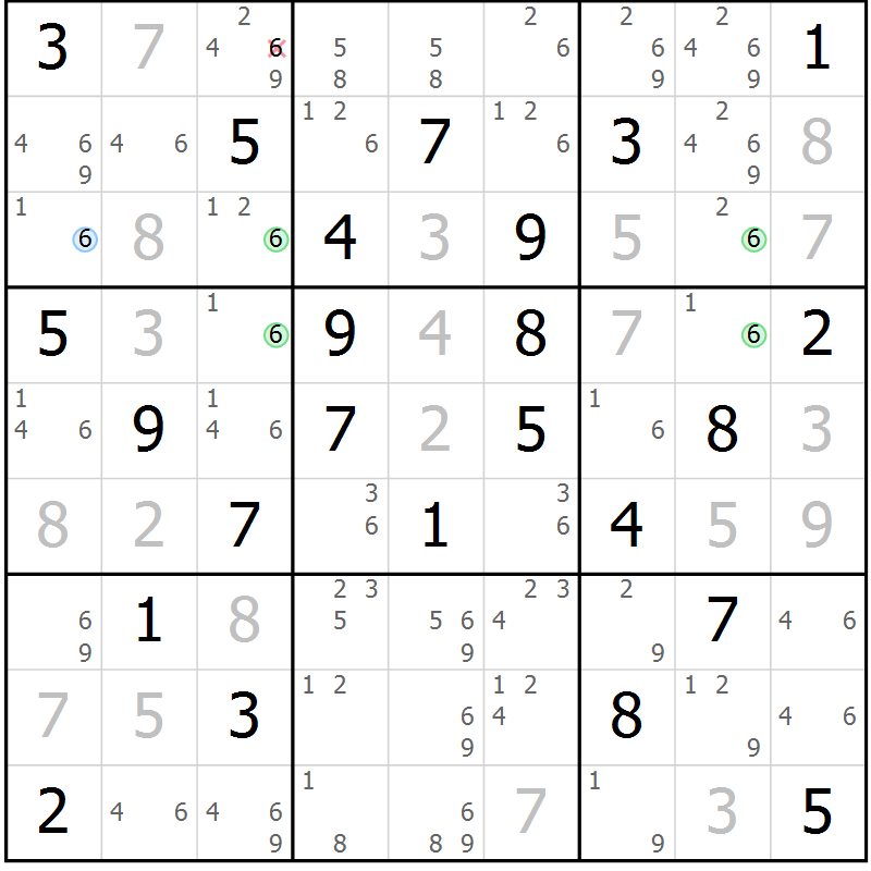 Position des candidats pour la solution de la Gr 59 page 62 du magazine de sudoku Sudoku Suprême n° 039