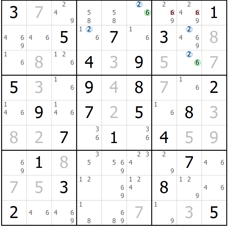 Position des candidats pour la solution de la Gr 59 page 62 du magazine de sudoku Sudoku Suprême n° 039