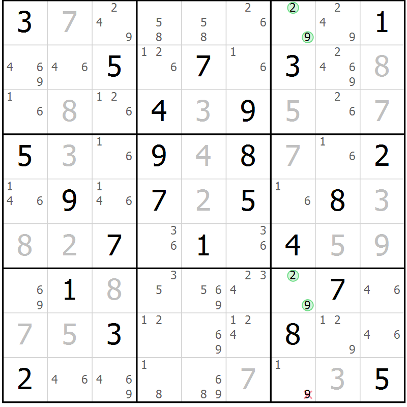 Position des candidats pour la solution de la Gr 59 page 62 du magazine de sudoku Sudoku Suprême n° 039