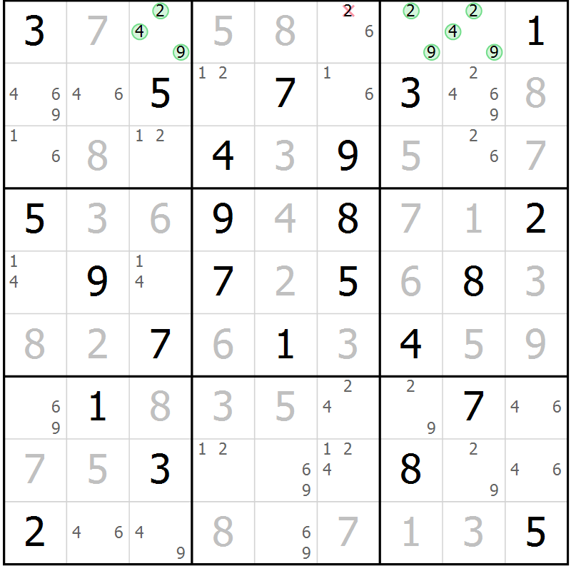 Position des candidats pour la solution de la Gr 59 page 62 du magazine de sudoku Sudoku Suprême n° 039