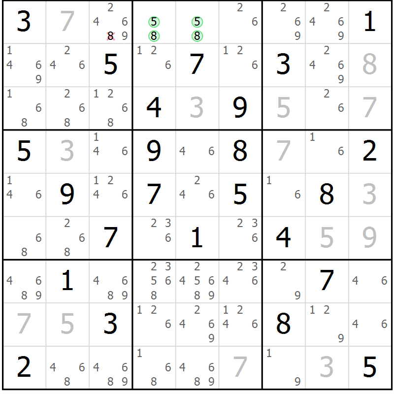 Position des candidats pour la solution de la Gr 59 page 62 du magazine de sudoku Sudoku Suprême n° 039