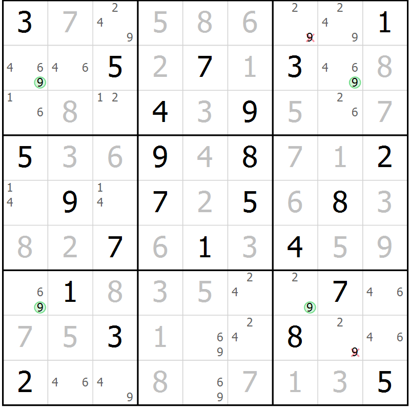 Position des candidats pour la solution de la Gr 59 page 62 du magazine de sudoku Sudoku Suprême n° 039