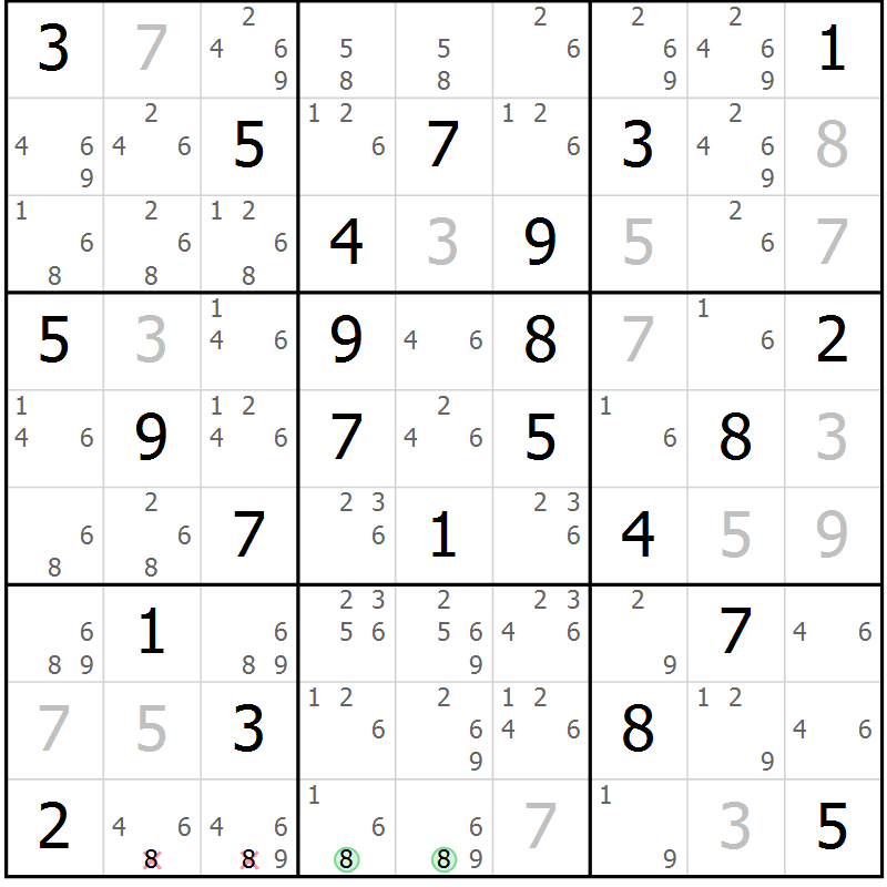 Position des candidats pour la solution de la Gr 59 page 62 du magazine de sudoku Sudoku Suprême n° 039