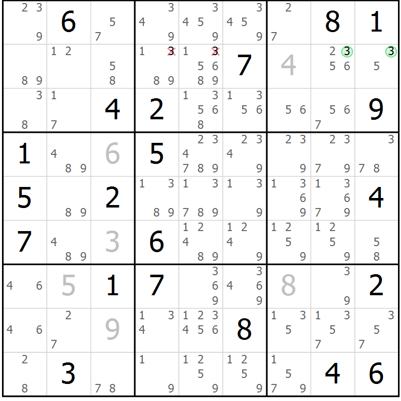Position des candidats pour la solution de la Gr 6 page 9 du magazine de sudoku Sudoku Suprême n° 039