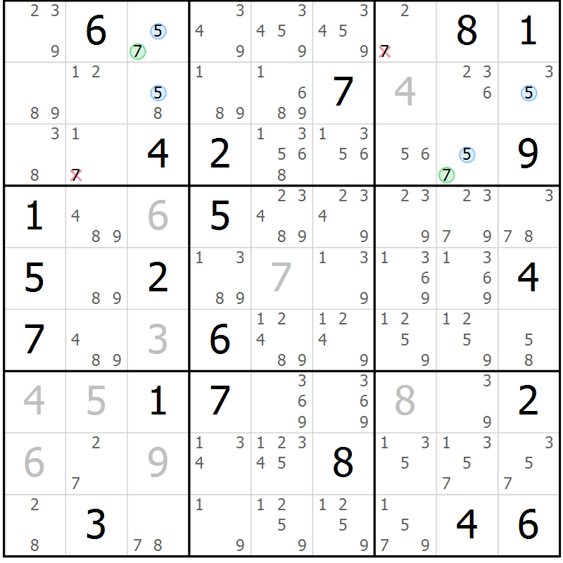 Position des candidats pour la solution de la Gr 6 page 9 du magazine de sudoku Sudoku Suprême n° 039
