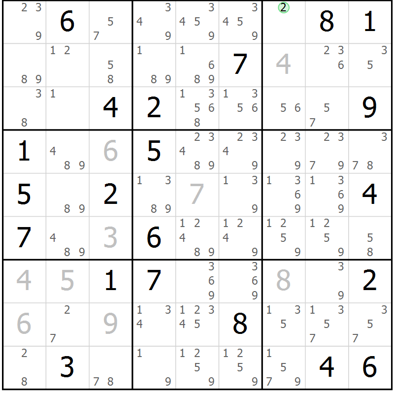 Position des candidats pour la solution de la Gr 6 page 9 du magazine de sudoku Sudoku Suprême n° 039