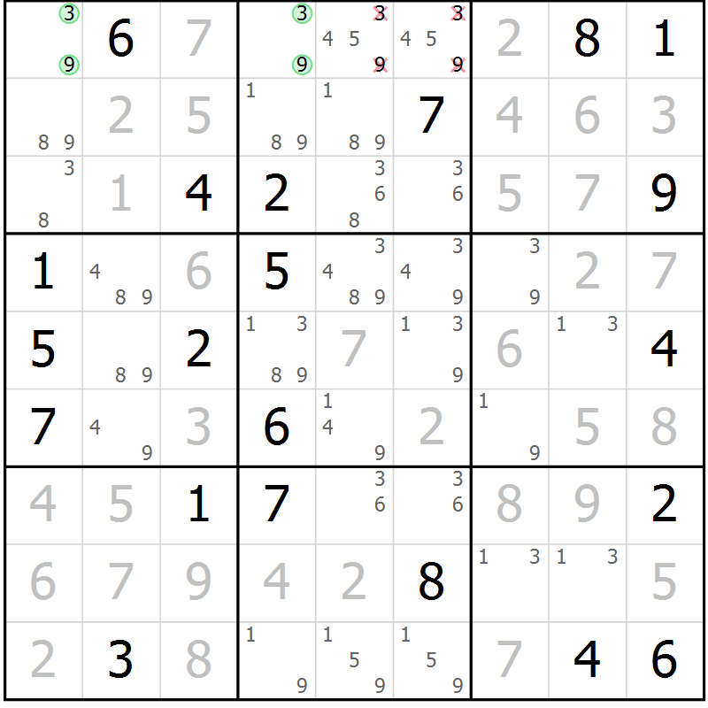Position des candidats pour la solution de la Gr 6 page 9 du magazine de sudoku Sudoku Suprême n° 039