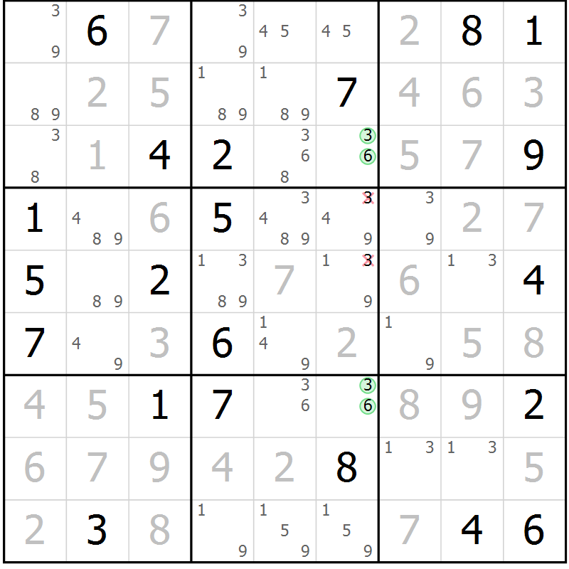 Position des candidats pour la solution de la Gr 6 page 9 du magazine de sudoku Sudoku Suprême n° 039