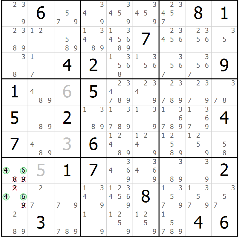 Position des candidats pour la solution de la Gr 6 page 9 du magazine de sudoku Sudoku Suprême n° 039