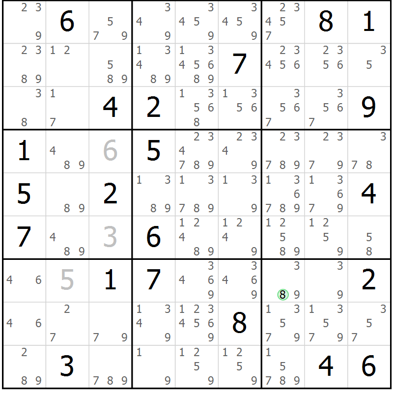 Position des candidats pour la solution de la Gr 6 page 9 du magazine de sudoku Sudoku Suprême n° 039