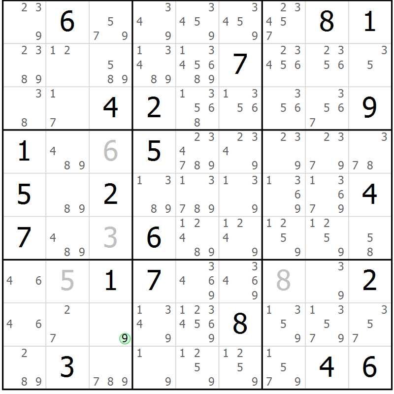 Position des candidats pour la solution de la Gr 6 page 9 du magazine de sudoku Sudoku Suprême n° 039