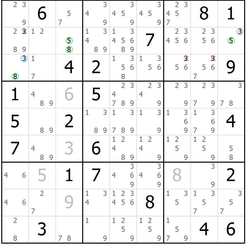 Position des candidats pour la solution de la Gr 6 page 9 du magazine de sudoku Sudoku Suprême n° 039