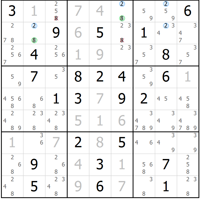 Position des candidats pour la solution de la Gr 60 page 63 du magazine de sudoku Sudoku Suprême n° 039