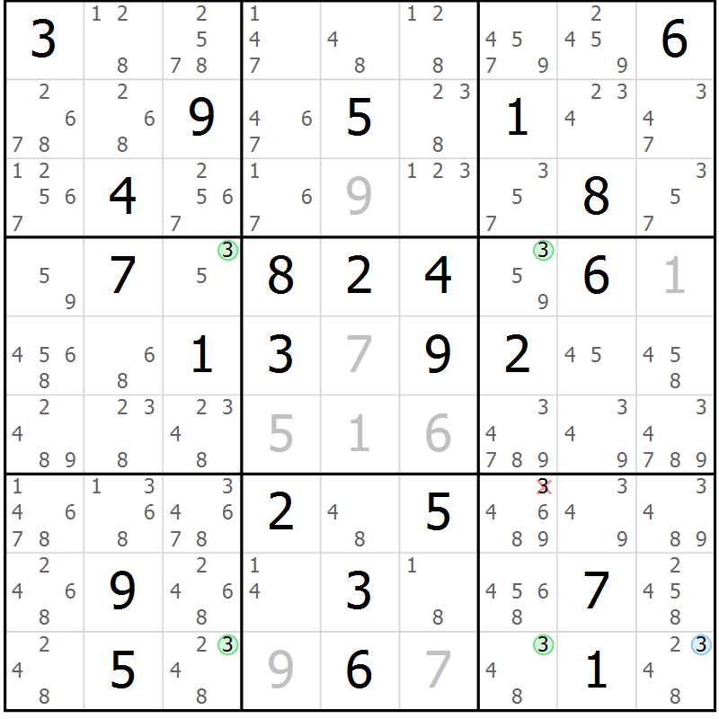 Position des candidats pour la solution de la Gr 60 page 63 du magazine de sudoku Sudoku Suprême n° 039