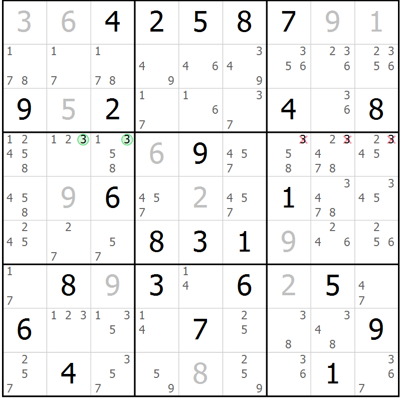 Position des candidats pour la solution de la Gr 61 page 64 du magazine de sudoku Sudoku Suprême n° 039