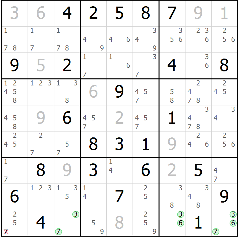 Position des candidats pour la solution de la Gr 61 page 64 du magazine de sudoku Sudoku Suprême n° 039