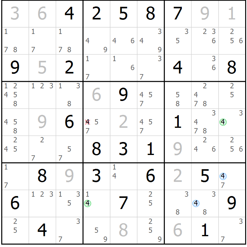 Position des candidats pour la solution de la Gr 61 page 64 du magazine de sudoku Sudoku Suprême n° 039
