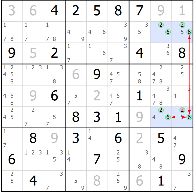 Position des candidats pour la solution de la Gr 61 page 64 du magazine de sudoku Sudoku Suprême n° 039