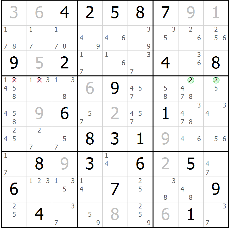Position des candidats pour la solution de la Gr 61 page 64 du magazine de sudoku Sudoku Suprême n° 039
