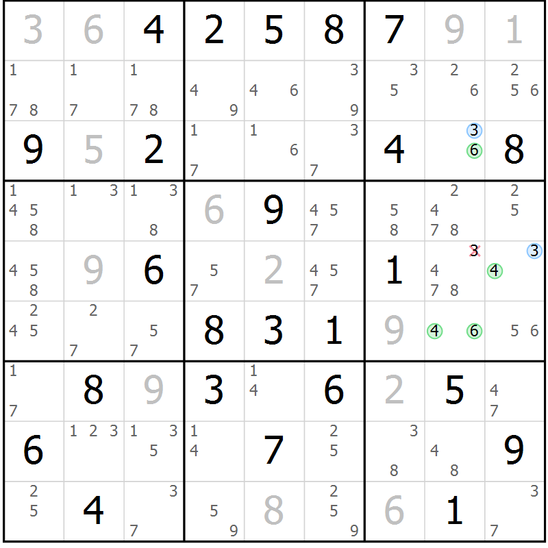Position des candidats pour la solution de la Gr 61 page 64 du magazine de sudoku Sudoku Suprême n° 039