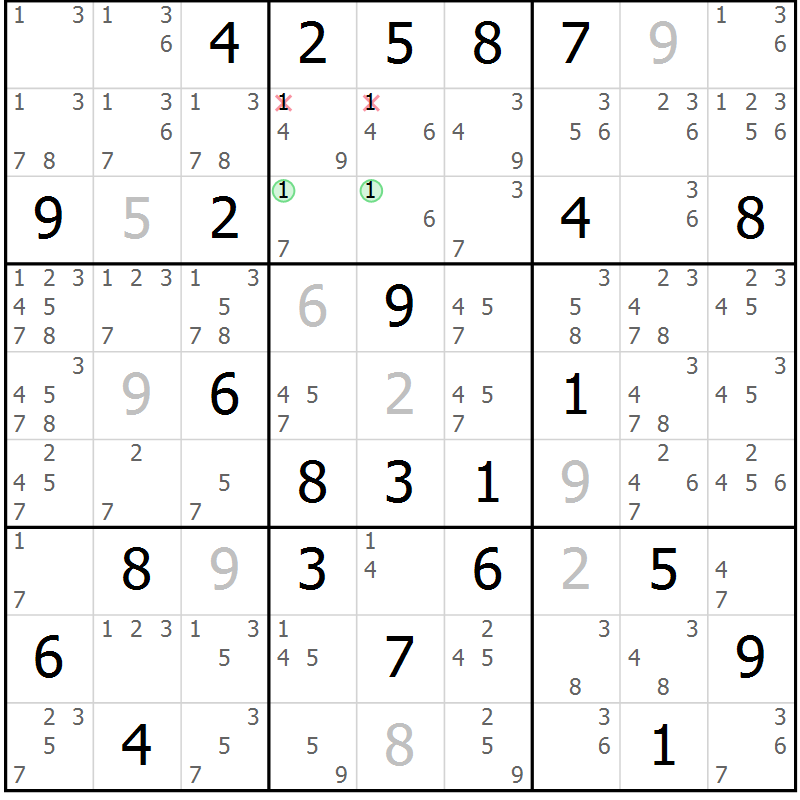 Position des candidats pour la solution de la Gr 61 page 64 du magazine de sudoku Sudoku Suprême n° 039