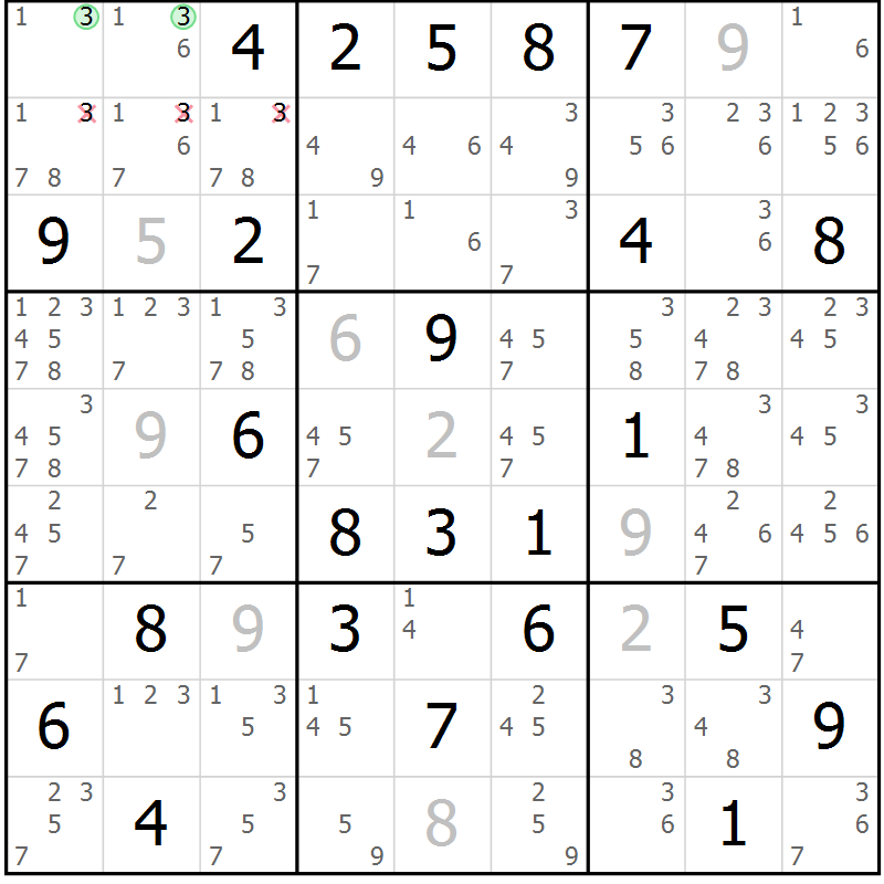 Position des candidats pour la solution de la Gr 61 page 64 du magazine de sudoku Sudoku Suprême n° 039