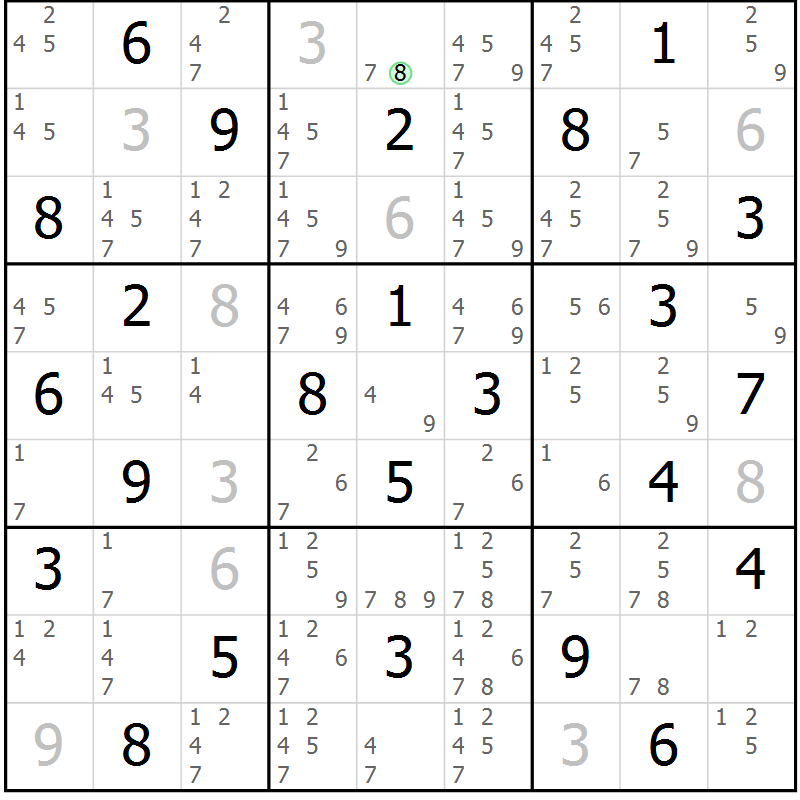Position des candidats pour la solution de la Gr 62 page 65 du magazine de sudoku Sudoku Suprême n° 039