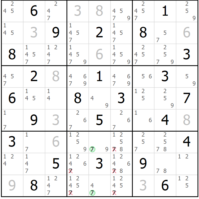 Position des candidats pour la solution de la Gr 62 page 65 du magazine de sudoku Sudoku Suprême n° 039