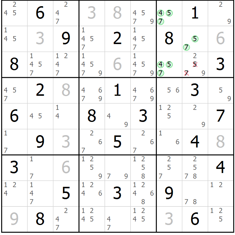 Position des candidats pour la solution de la Gr 62 page 65 du magazine de sudoku Sudoku Suprême n° 039