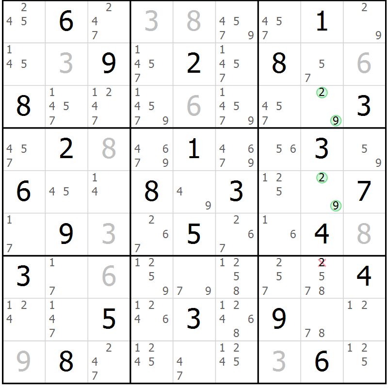 Position des candidats pour la solution de la Gr 62 page 65 du magazine de sudoku Sudoku Suprême n° 039
