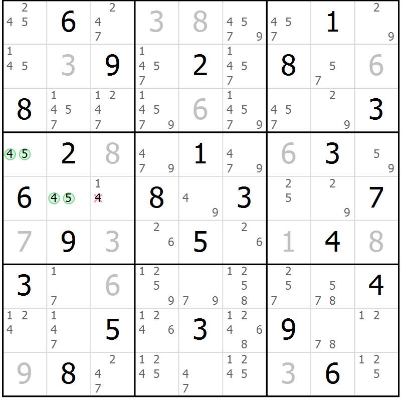 Position des candidats pour la solution de la Gr 62 page 65 du magazine de sudoku Sudoku Suprême n° 039