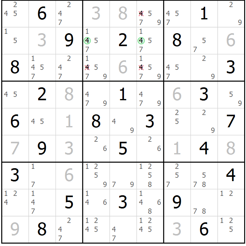 Position des candidats pour la solution de la Gr 62 page 65 du magazine de sudoku Sudoku Suprême n° 039