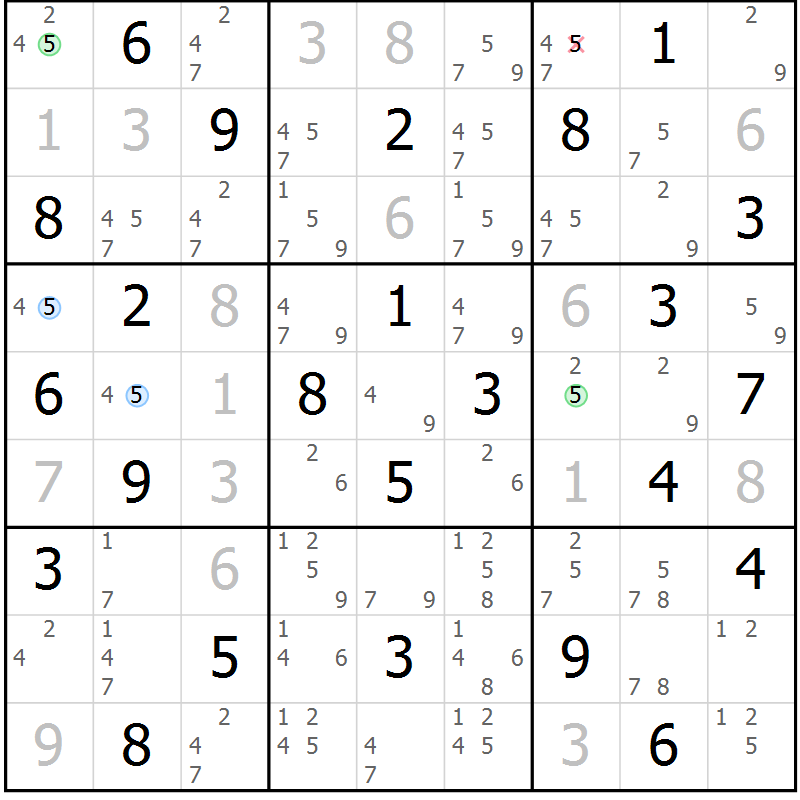 Position des candidats pour la solution de la Gr 62 page 65 du magazine de sudoku Sudoku Suprême n° 039