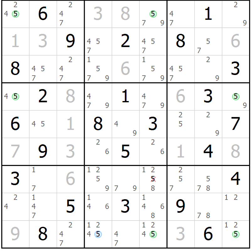 Position des candidats pour la solution de la Gr 62 page 65 du magazine de sudoku Sudoku Suprême n° 039