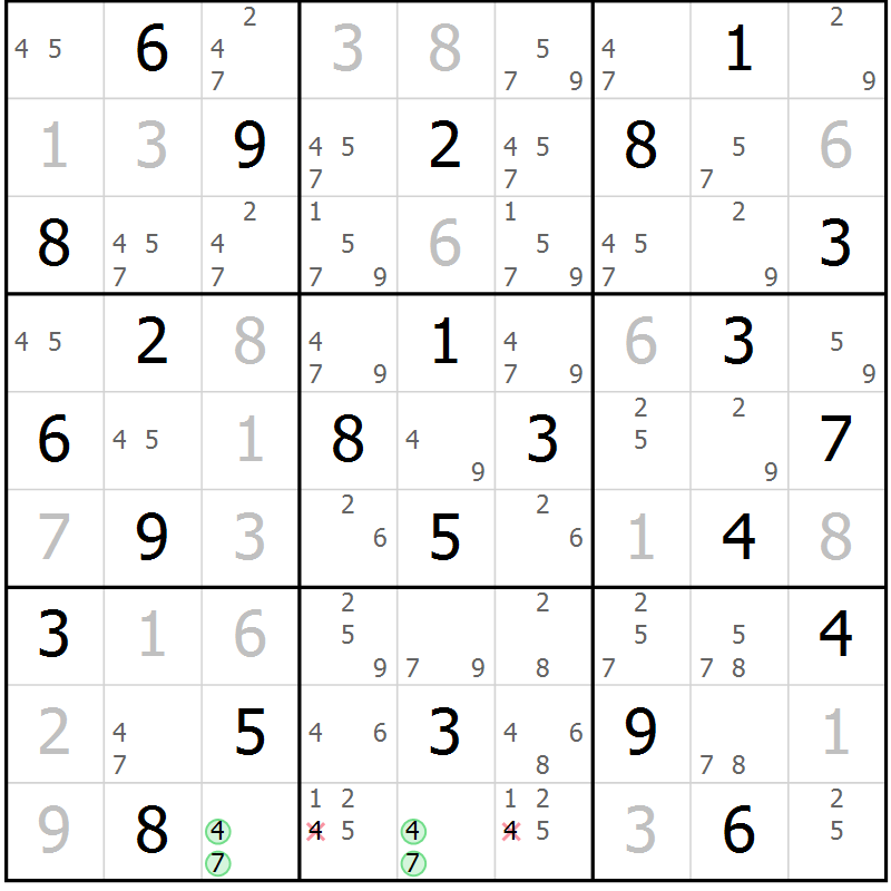 Position des candidats pour la solution de la Gr 62 page 65 du magazine de sudoku Sudoku Suprême n° 039