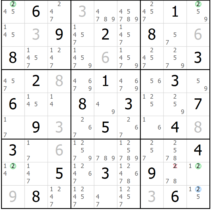 Position des candidats pour la solution de la Gr 62 page 65 du magazine de sudoku Sudoku Suprême n° 039