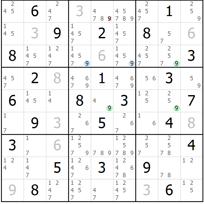 Position des candidats pour la solution de la Gr 62 page 65 du magazine de sudoku Sudoku Suprême n° 039