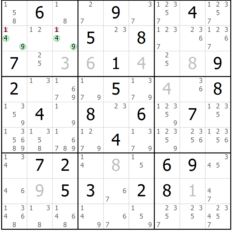 Position des candidats pour la solution de la Gr 63 page 66 du magazine de sudoku Sudoku Suprême n° 039