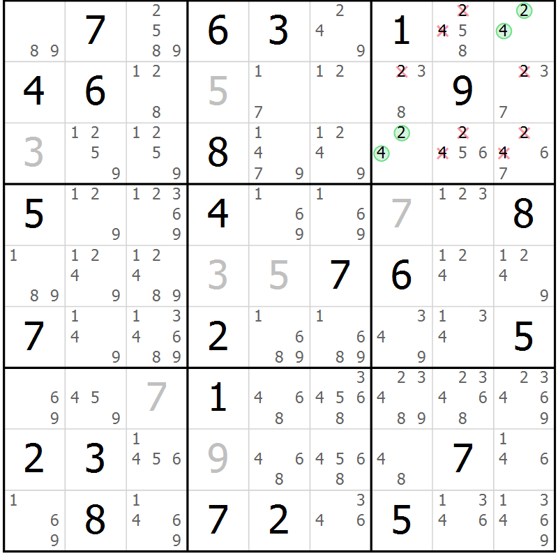 Position des candidats pour la solution de la Gr 64 page 67 du magazine de sudoku Sudoku Suprême n° 039