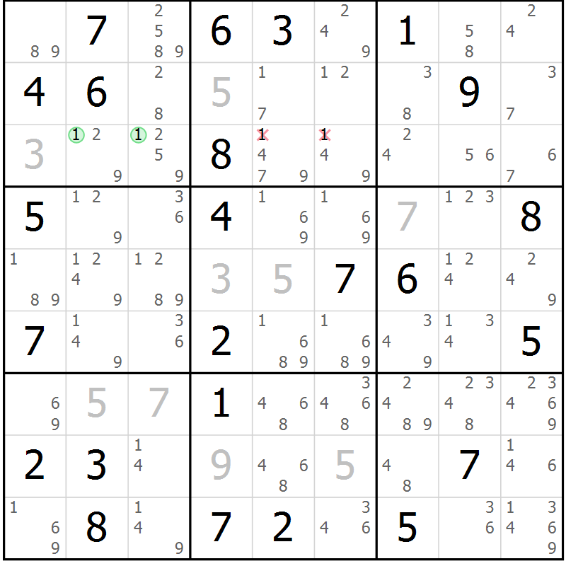 Position des candidats pour la solution de la Gr 64 page 67 du magazine de sudoku Sudoku Suprême n° 039