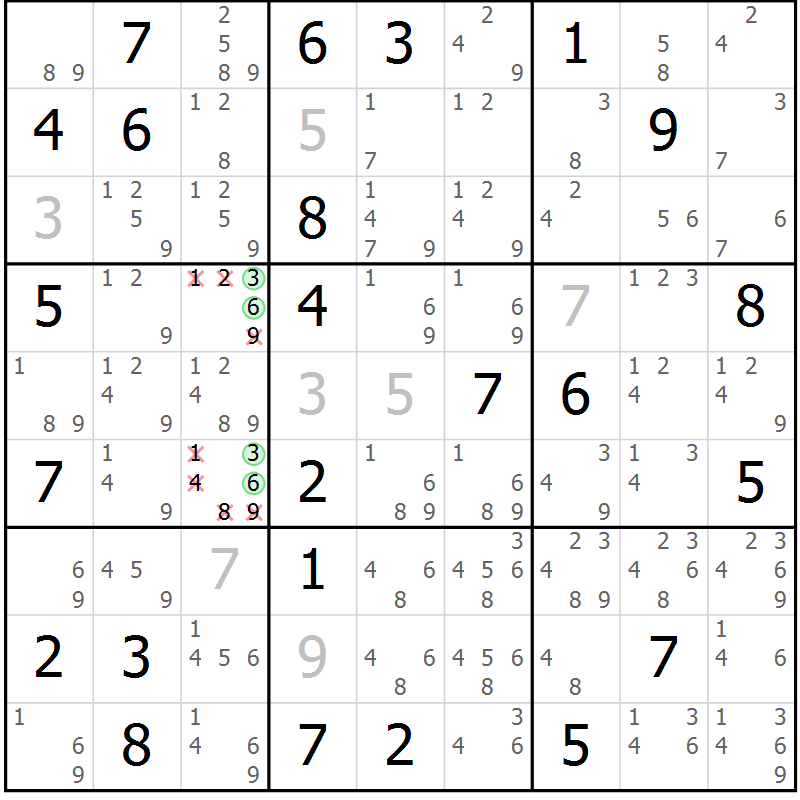 Position des candidats pour la solution de la Gr 64 page 67 du magazine de sudoku Sudoku Suprême n° 039