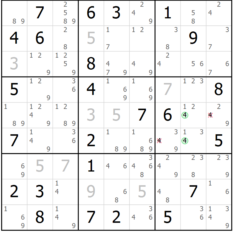 Position des candidats pour la solution de la Gr 64 page 67 du magazine de sudoku Sudoku Suprême n° 039