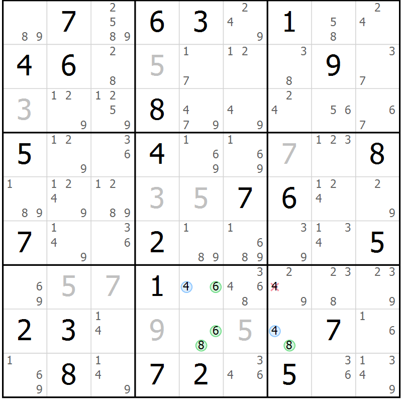 Position des candidats pour la solution de la Gr 64 page 67 du magazine de sudoku Sudoku Suprême n° 039
