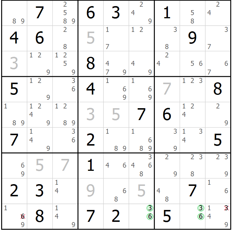 Position des candidats pour la solution de la Gr 64 page 67 du magazine de sudoku Sudoku Suprême n° 039