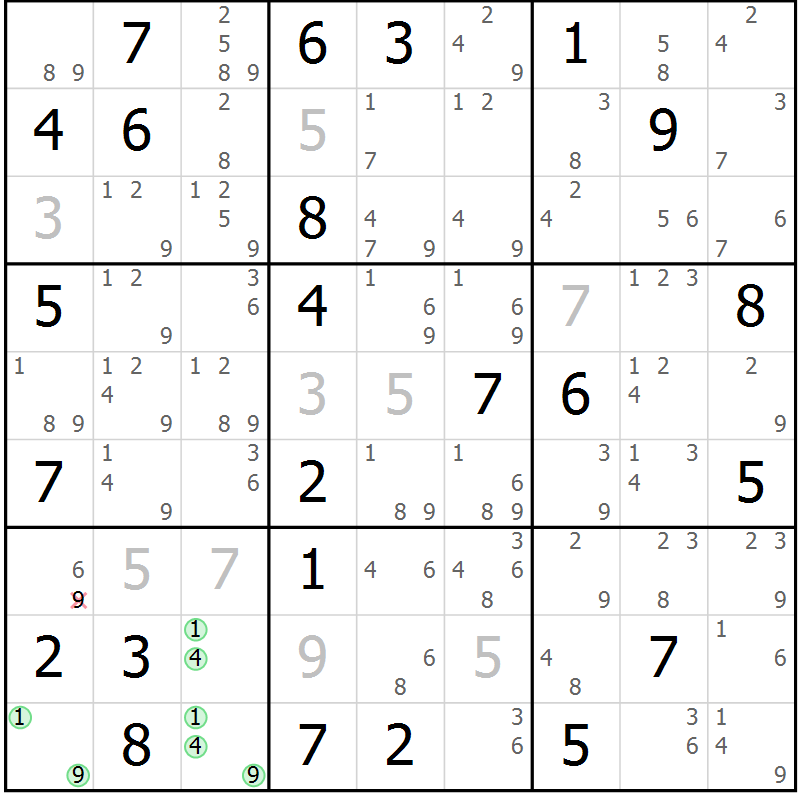 Position des candidats pour la solution de la Gr 64 page 67 du magazine de sudoku Sudoku Suprême n° 039